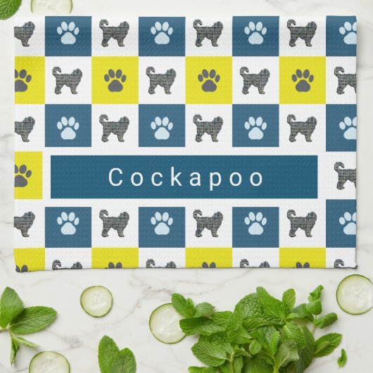 Linge De Cuisine Cockapoo Chien & Paw Yellow & Blue Grid (Plié)
