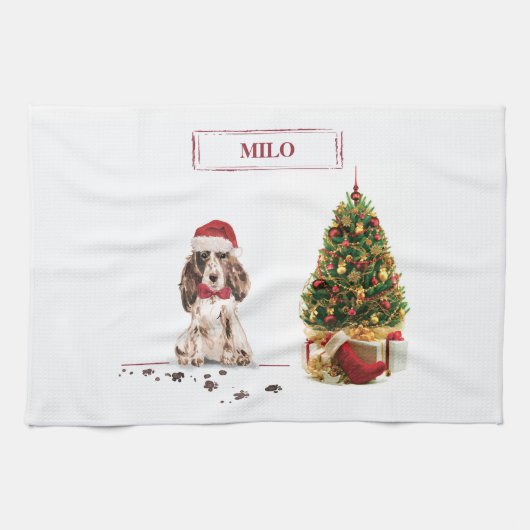 Linge De Cuisine Cocker Brown Spaniel drôle Chien de Noël avec arbr (Horizontal)