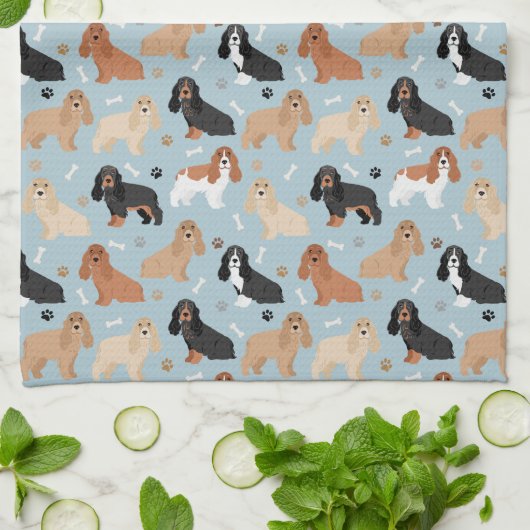 Linge De Cuisine Cocker Chiens espagnols Bones et Paws Blue (Plié)