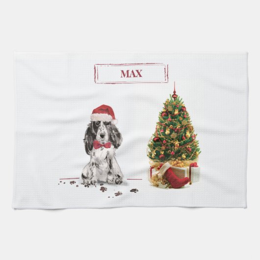 Linge De Cuisine Cocker Spaniel Funny Chien de Noël avec arbre (Horizontal)