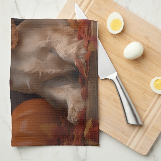 Linge De Cuisine Cocker Spaniel Puppy Automne Citrouille de plaisir (Quart Plié)