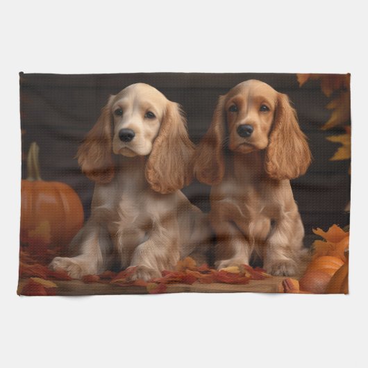 Linge De Cuisine Cocker Spaniel Puppy Automne Citrouille de plaisir (Horizontal)