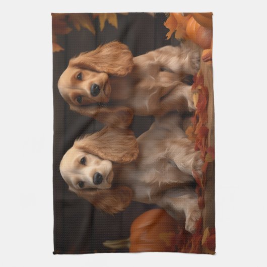 Linge De Cuisine Cocker Spaniel Puppy Automne Citrouille de plaisir (Vertical)