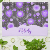 Linge De Cuisine Coeur gris violet blanc et nom floral (Plié)