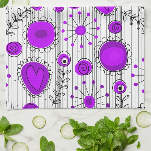 Linge De Cuisine Coeurs blancs violet blanc Whimsical et fleurs flo (Plié)