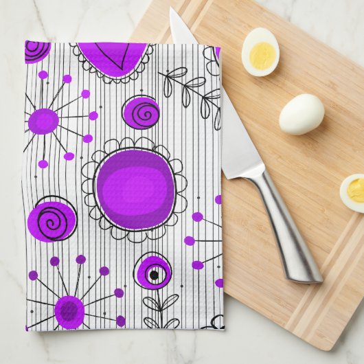 Linge De Cuisine Coeurs blancs violet blanc Whimsical et fleurs flo (Quart Plié)