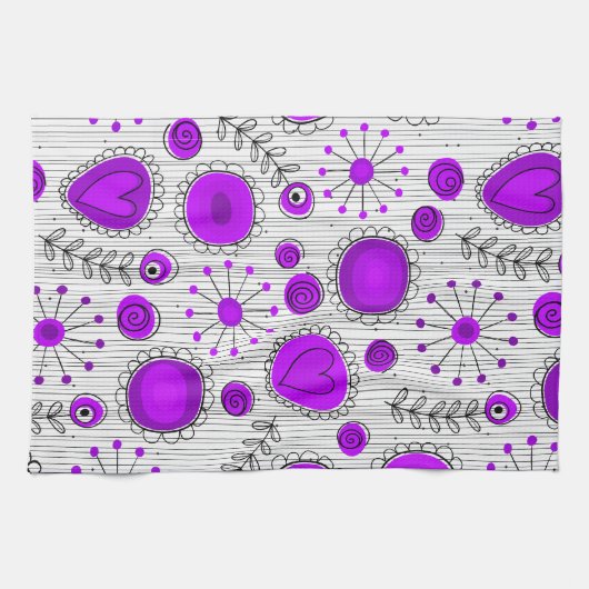 Linge De Cuisine Coeurs blancs violet blanc Whimsical et fleurs flo (Horizontal)