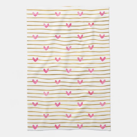Linge De Cuisine Coeurs et rayures roses d'or (Vertical)