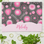 Linge De Cuisine Coeurs gris rose blanc et nom fleuri (Plié)