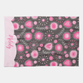 Linge De Cuisine Coeurs gris rose blanc et nom fleuri (Horizontal)