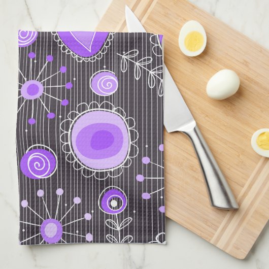 Linge De Cuisine Coeurs gris violet blanc et fleurs florales (Quart Plié)