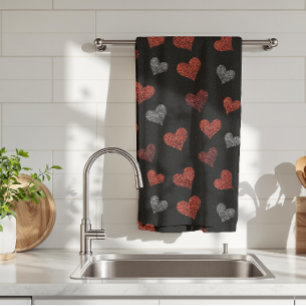 Linge De Cuisine Cœurs Pailletés Rouge Bourgogne Argent sur Fond No