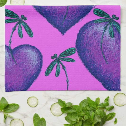 Linge De Cuisine Coeurs pourpres et libellules (Plié)