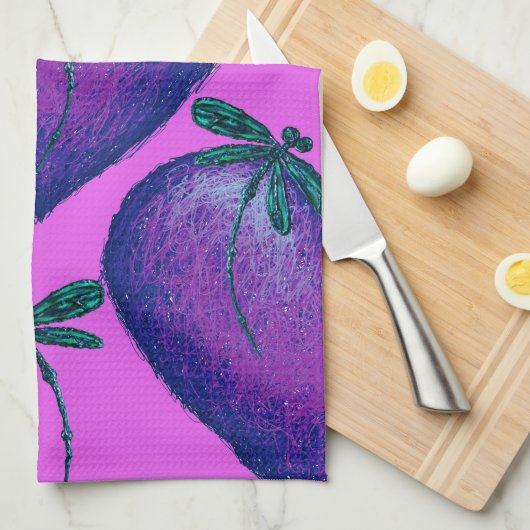 Linge De Cuisine Coeurs pourpres et libellules (Quart Plié)