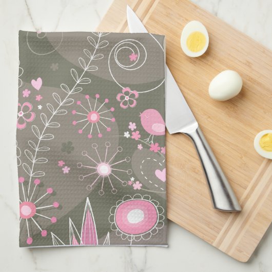 Linge De Cuisine Coeurs Whimsical rose et gris, oiseaux et fleurs (Quart Plié)