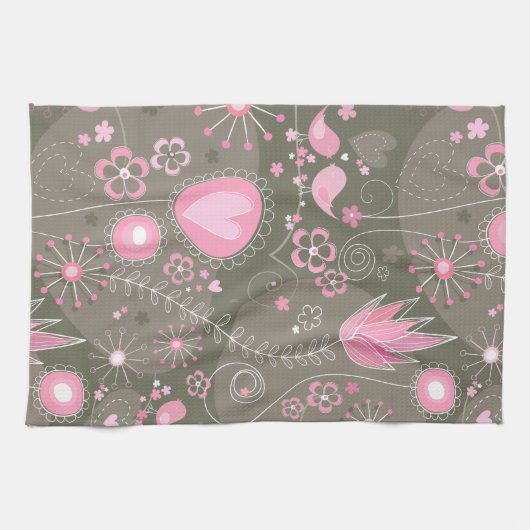 Linge De Cuisine Coeurs Whimsical rose et gris, oiseaux et fleurs (Horizontal)