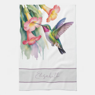 Linge De Cuisine Colibri à l'aquarelle avec fleurs