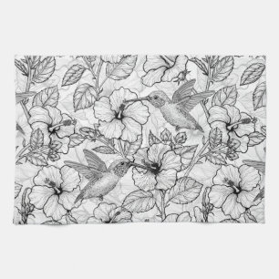 Linge De Cuisine Colibris et fleurs d'hibiscus b&w