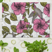 Linge De Cuisine Colibris et fleurs d'hibiscus roses (Plié)