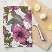 Linge De Cuisine Colibris et fleurs d'hibiscus roses (Quart Plié)