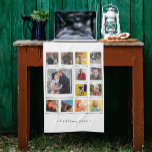 Linge De Cuisine Collage de photos de famille blanc<br><div class="desc">Customisez cette serviette de cuisine avec 13 photos de carré disposées dans un plan de montage en grille,  avec une grande image et le reste petit. Ajoutez votre nom de famille ou votre légende personnalisée le long du bas en gris chic.</div>