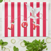 Linge De Cuisine Colombe de Noël blanche sur rayures (Plié)