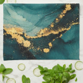 Linge De Cuisine Conception d'encre alcoolique Deep Teal & Gold Flu (Plié)