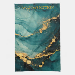 Linge De Cuisine Conception d'encre alcoolique Deep Teal & Gold Flu