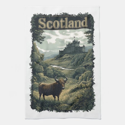 Linge De Cuisine Conception Écosse : Vache des Highlands, château e (Vertical)