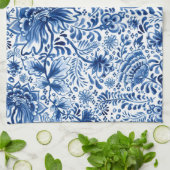 Linge De Cuisine Conception florale de batik bleu et blanc (Plié)