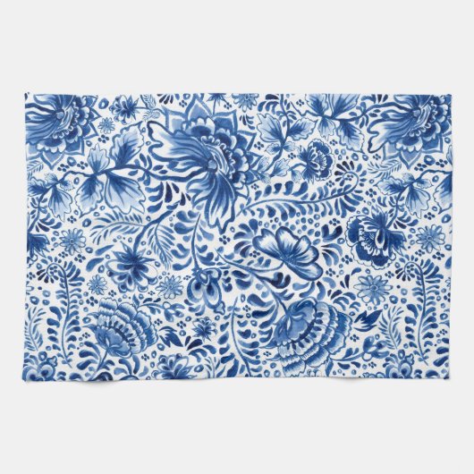 Linge De Cuisine Conception florale de batik bleu et blanc (Horizontal)