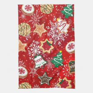 Linge De Cuisine Cookies de Noël et flocons de neige sur fond rouge