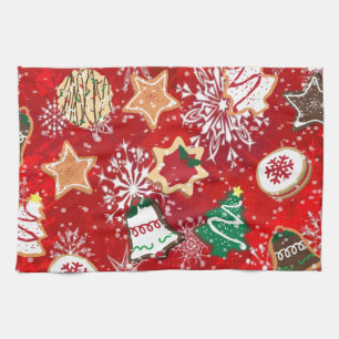 Linge De Cuisine Cookies de Noël et flocons de neige sur fond rouge