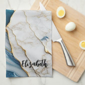 Linge De Cuisine Cool Blanc Turquoise Marbre Pierre Or (Quart Plié)