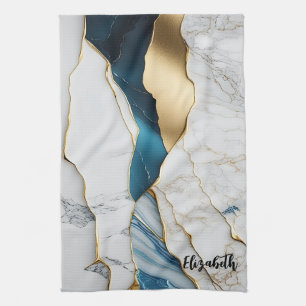 Linge De Cuisine Cool Blanc Turquoise Marbre Pierre Or