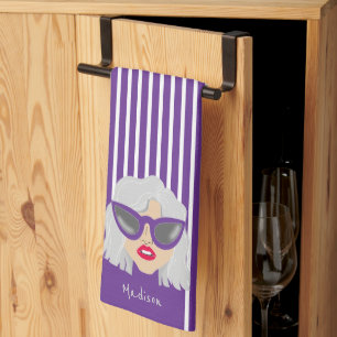 Linge De Cuisine Cool Gray Haired Woman Purple Nom personnalisé