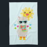 Linge De Cuisine Cool Llama et souriant Kawaii Sun<br><div class="desc">Une serviette de cuisine avec un lama à l'allure cool portant des lunettes de soleil foncées. Habillé d'un foulard rayé coloré et de petites bottes amusantes. Un soleil jaune vif avec un joyeux visage kawaii dans l'arrière - plan. Des triangles pleins de couleurs géantes entourent ce lama amusant. Arrière -...</div>