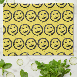 Linge De Cuisine Cool Sardé Joyeux visage souriant motif jaune