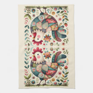 Linge De Cuisine Coq en patchwork folklorique avec accents floraux