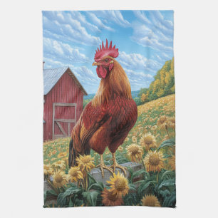 Linge De Cuisine Coq sur une peinture de la ferme de tournesol