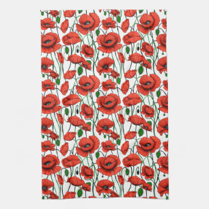 Linge De Cuisine Coquelicots rouges dans un champ sur fond blanc