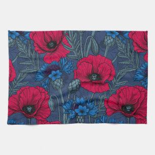 Linge De Cuisine Coquelicots rouges et fleurs bleues sur bleu