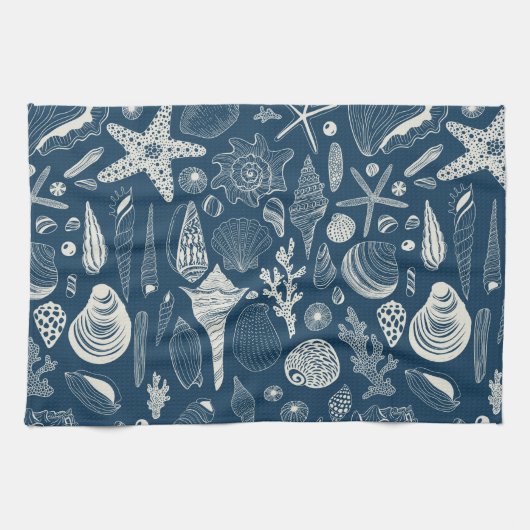 Linge De Cuisine Coques de mer sur bleu foncé (Horizontal)