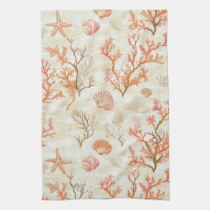 Linge De Cuisine Coquillage Corail Étoile de Mer Beige Ivoire Vinta