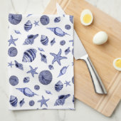 Linge De Cuisine Coquillages bleus et blancs (Quart Plié)
