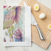 Linge De Cuisine Coquillages rose jaune et bleu aquarelle (Quart Plié)