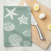 Linge De Cuisine Coquilles de mer sage et blanche (Quart Plié)