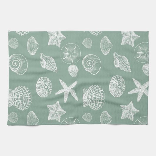 Linge De Cuisine Coquilles de mer sage et blanche (Horizontal)
