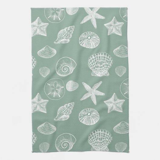Linge De Cuisine Coquilles de mer sage et blanche (Vertical)