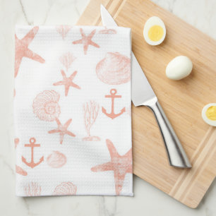 Linge De Cuisine Corail et coquillage blanc